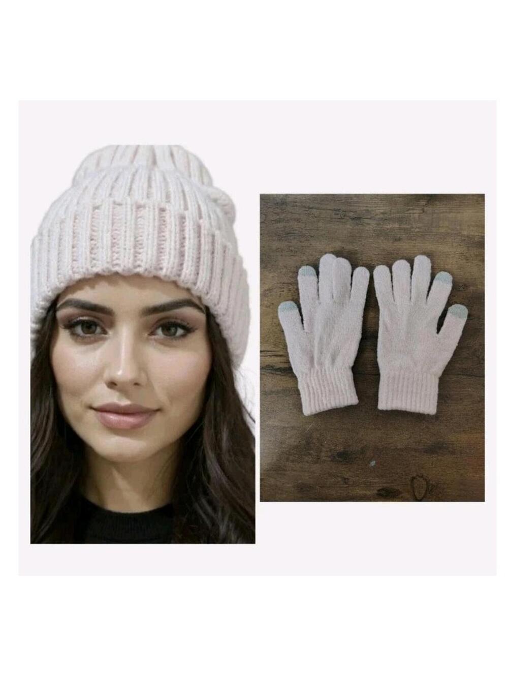 STEVE MADDEN Barbiecore Womens Hat GLOVES OS Pink Chunky Ribbed Knit SOFT POM